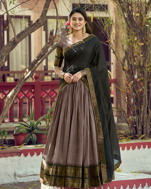 Chikoo Color Poly Cotton Zari Weaving Half Saree