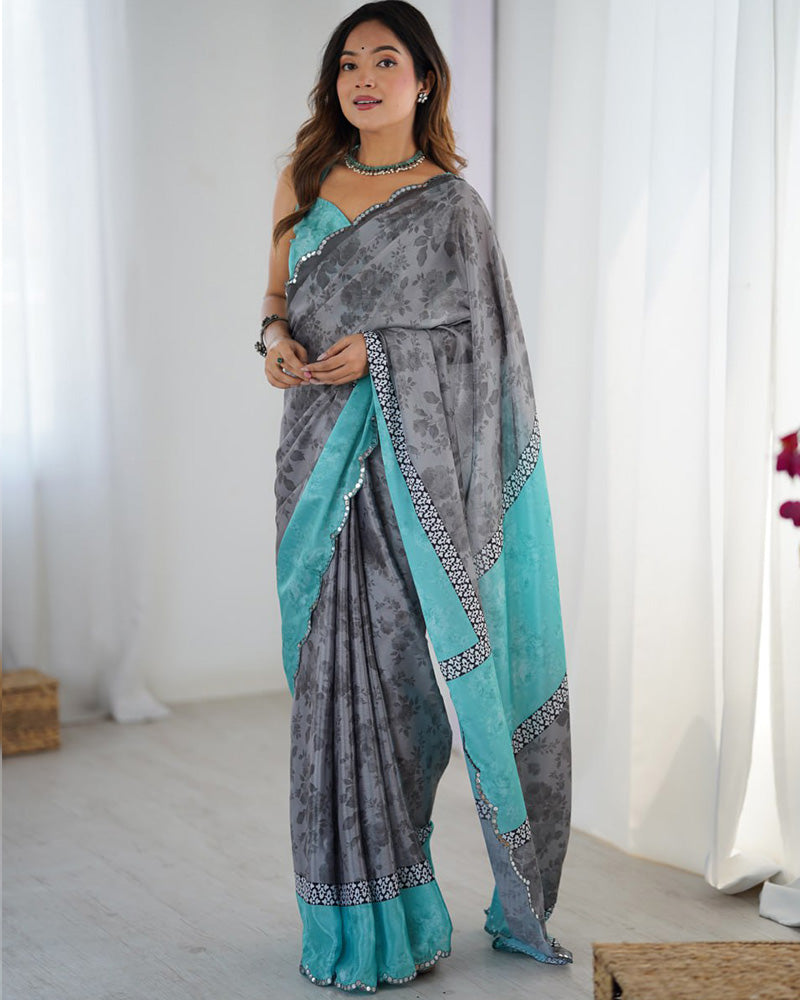 Grey Color Chinnon Silk Digital Printed Saree