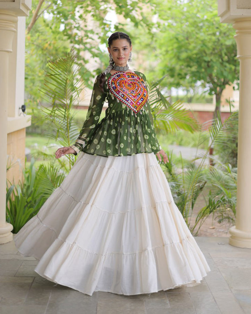 Parrot Green Color Bandhani Printed With Kora Cotton Navratri Lehenga Set