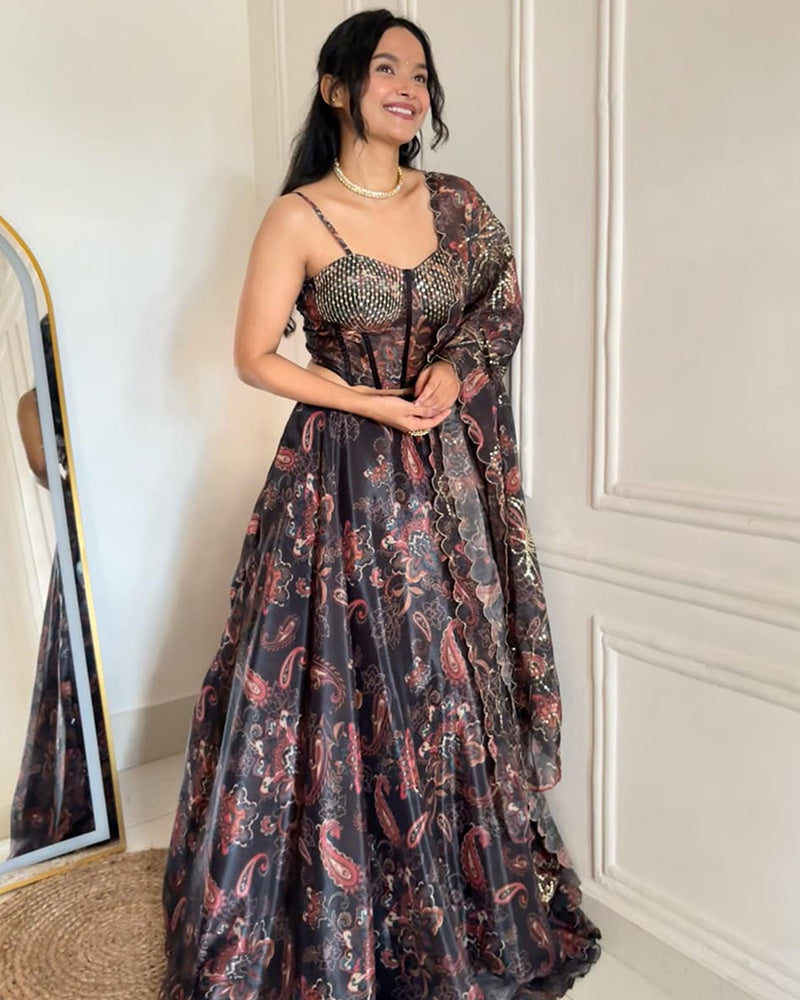 Grey Color Pure Organza Digital Printed Lehenga Choli