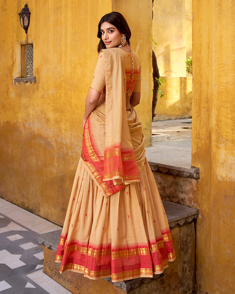 Elegant Cream Pure Chanderi Half Saree With Zari Weaving