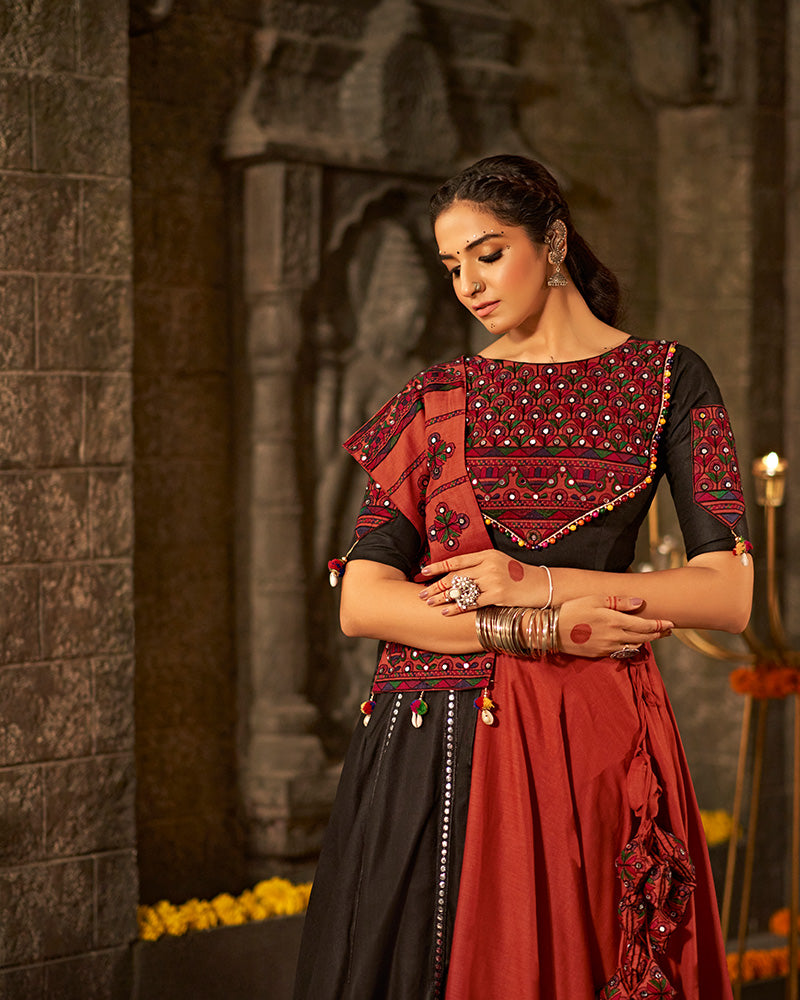 Orange Color Cotton Thread With Mirror Work Navratri Lehenga Choli