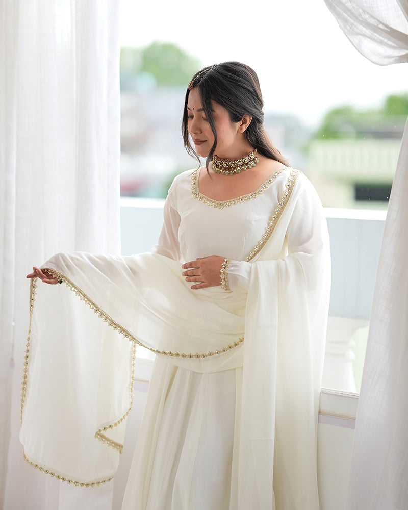 Off White Pure Mal Chanderi Three Piece Anarkali Suit