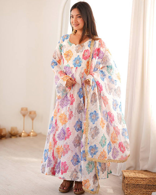 White Color Printed Organza Anarkali Suit
