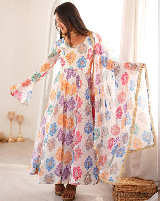 White Color Printed Organza Anarkali Suit