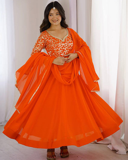 Orange Color Georgette Sequence Embroidered Anarkali Suit