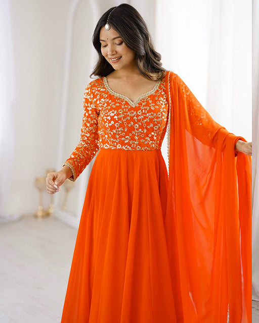 Orange Color Georgette Sequence Embroidered Anarkali Suit