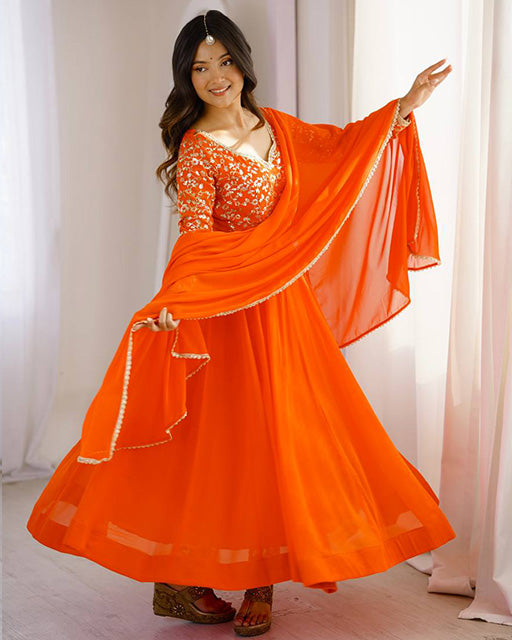 Orange Color Georgette Sequence Embroidered Anarkali Suit