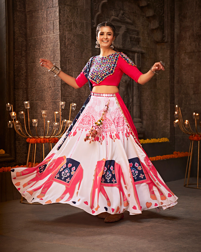 White Color Viscose Rayon Thread With Mirror Work Navratri Lehenga Choli