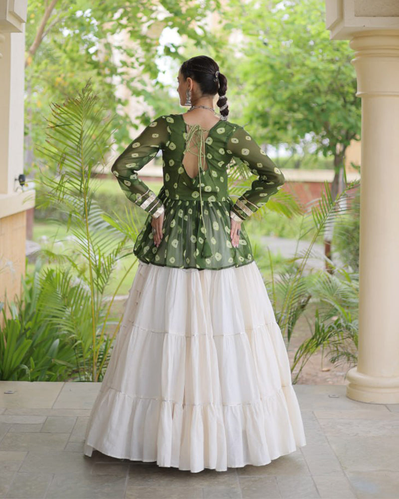 Parrot Green Color Bandhani Printed With Kora Cotton Navratri Lehenga Set