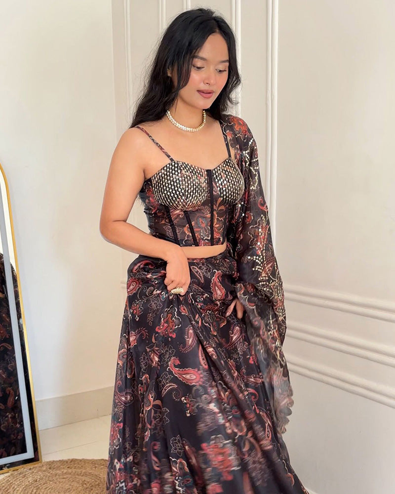 Grey Color Pure Organza Digital Printed Lehenga Choli