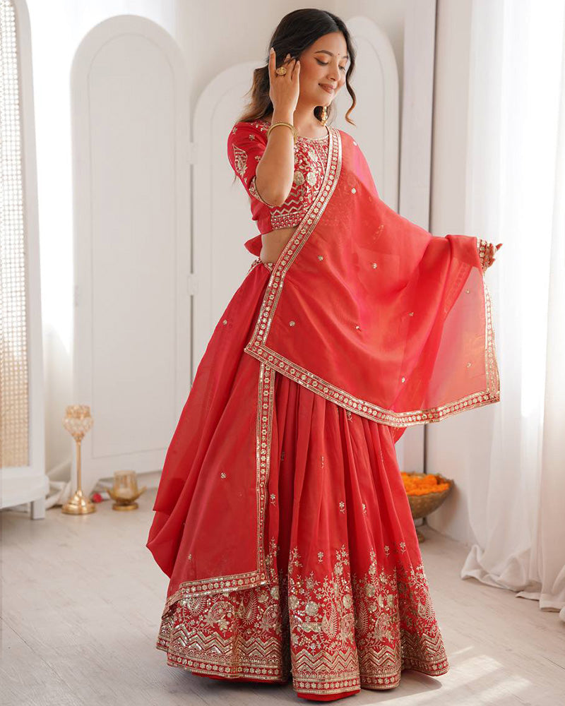 Orange Color Shimmer Silk Lehenga Choli