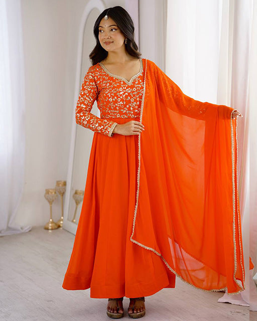 Orange Color Georgette Sequence Embroidered Anarkali Suit