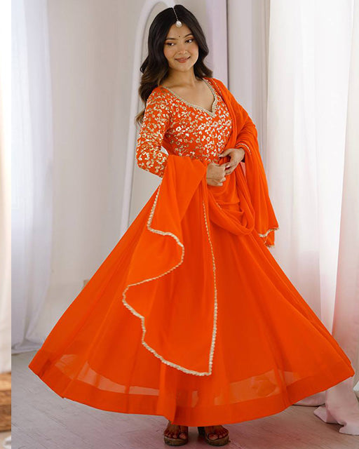 Orange Color Georgette Sequence Embroidered Anarkali Suit