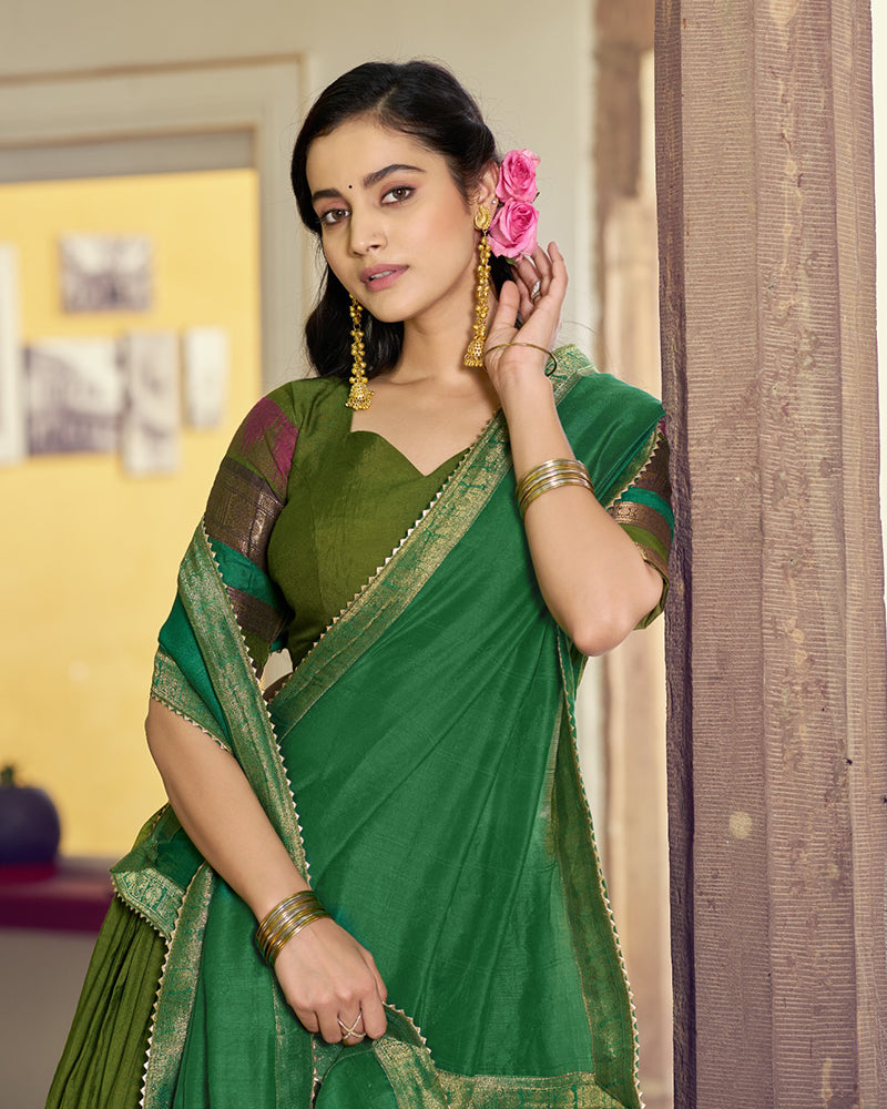 Parrot Green Color Poly Dyeable Zari Weaving  Half Saree