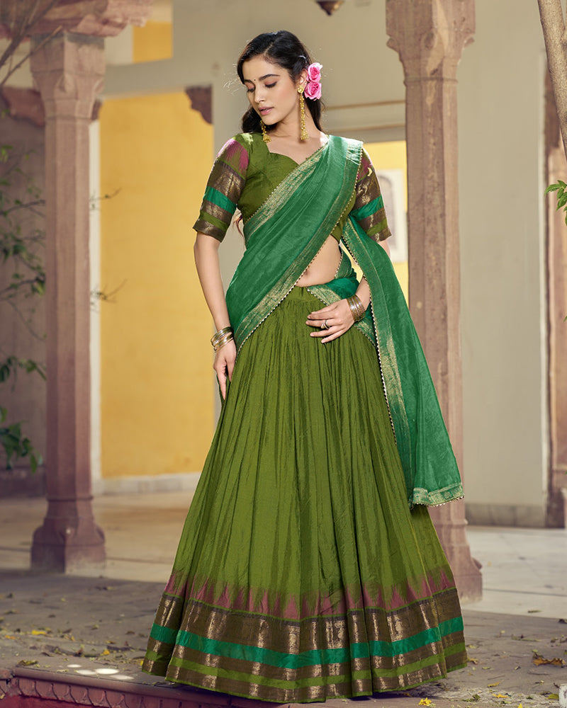 Parrot Green Color Poly Dyeable Zari Weaving  Half Saree