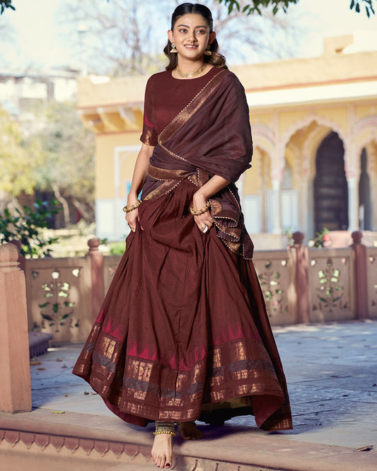 Brown Color Poly Dyeable Zari Weaving  Half Saree