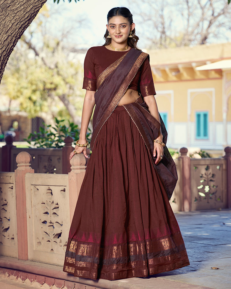 Brown Color Poly Dyeable Zari Weaving  Half Saree