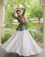 Parrot Green Color Bandhani Printed With Kora Cotton Navratri Lehenga Set