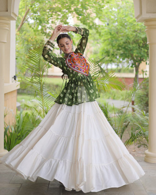Parrot Green Color Bandhani Printed With Kora Cotton Navratri Lehenga Set