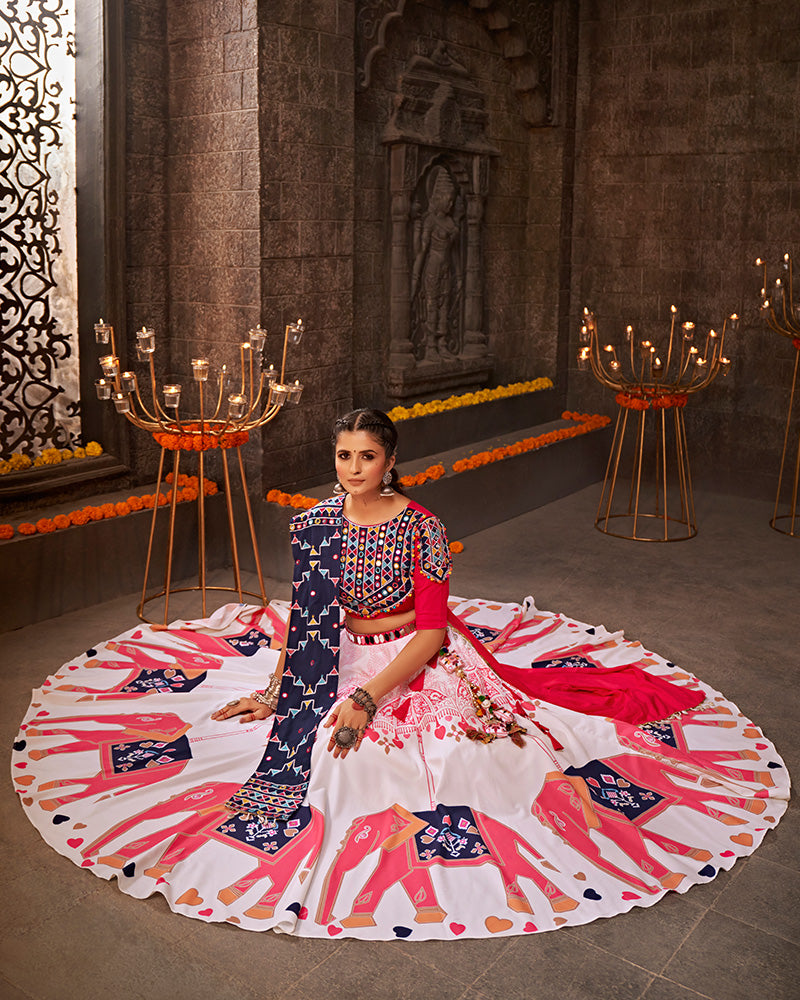 White Color Viscose Rayon Thread With Mirror Work Navratri Lehenga Choli