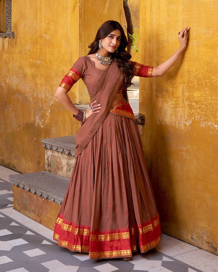 Elegant Brown Pure Chanderi Half Saree With Zari Weaving