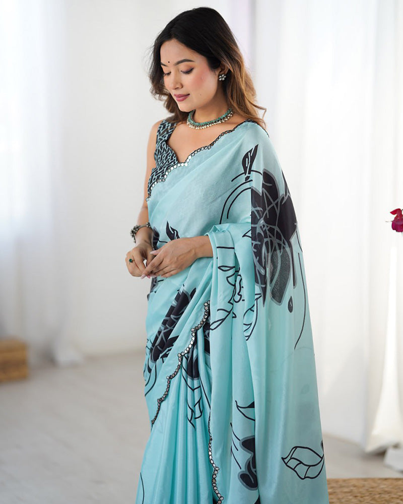 Bottle Green Color Chinnon Silk Digital Printed Saree