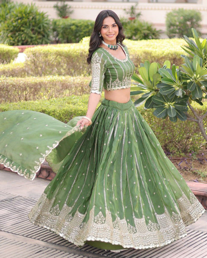 Mehndi Green Color Gold Crush Embroidered Lehenga Choli