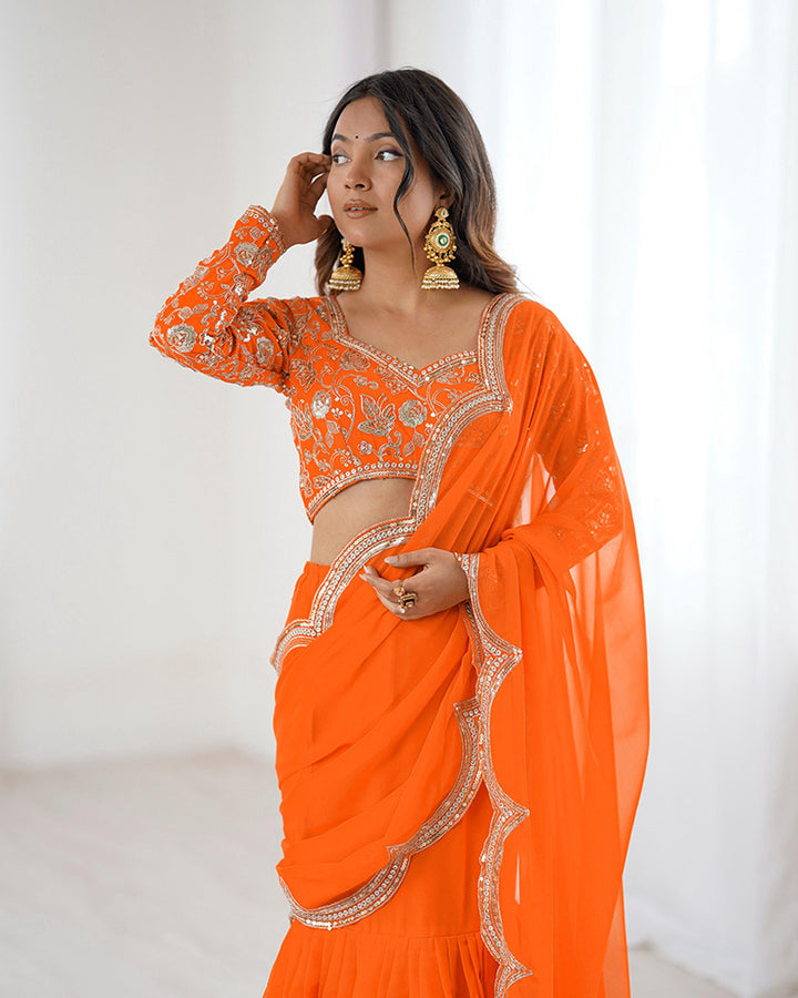Orange Color Faux Georgette Ruffle Lehenga Saree