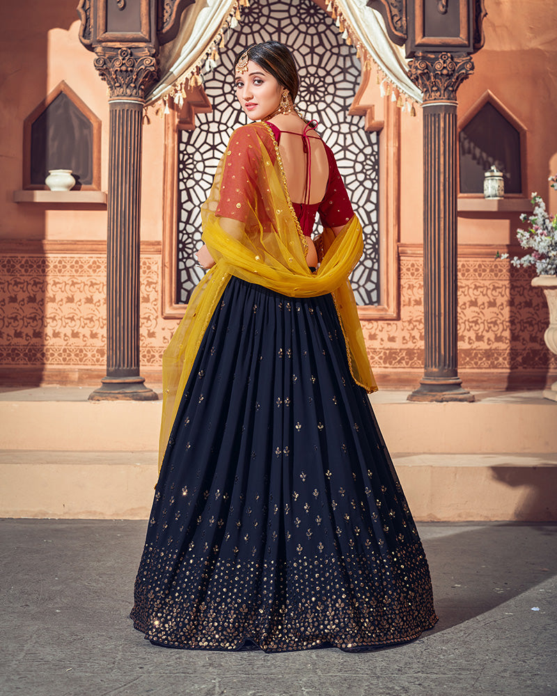 Beautiful Navy Blue And Rani Pink Georgette Lehenga Choli