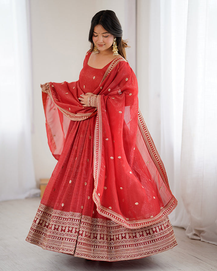 Rust Color Crunchy Silk Embroidered Gown