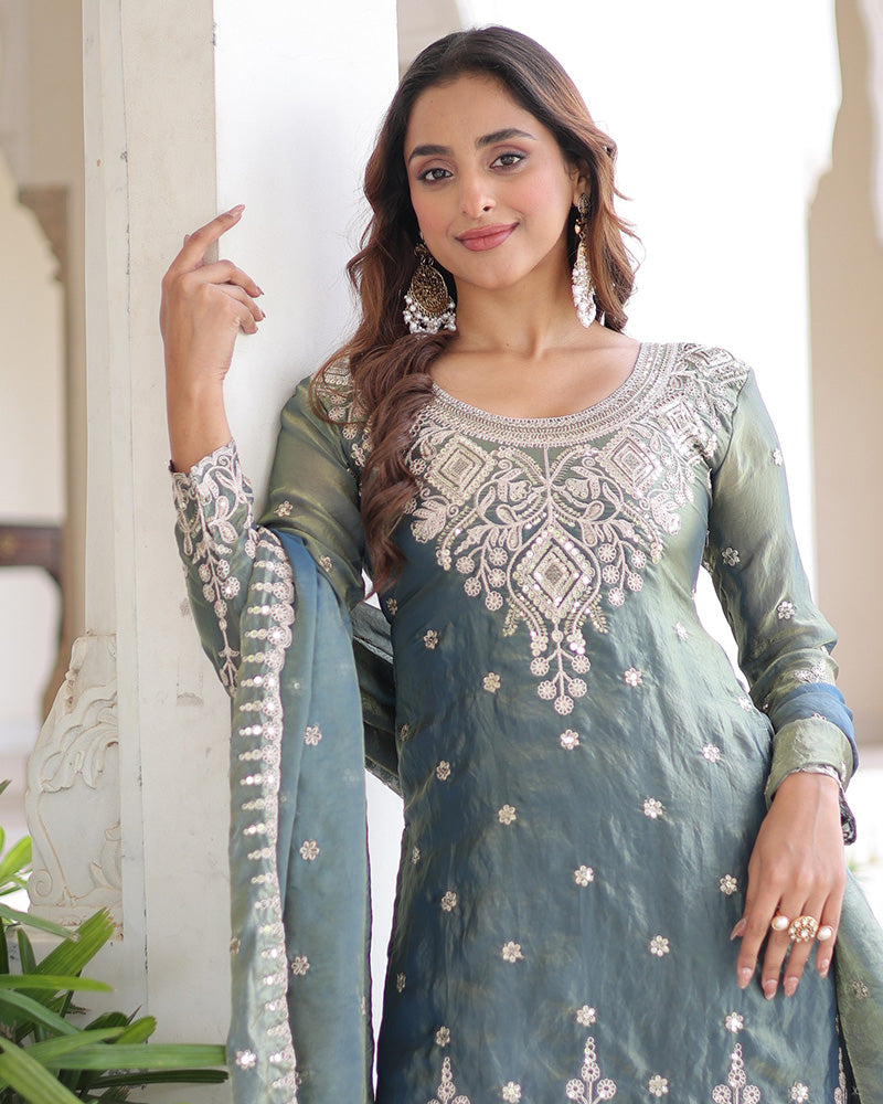 Grey Color Fendi Silk Embroidered Sharara Suit