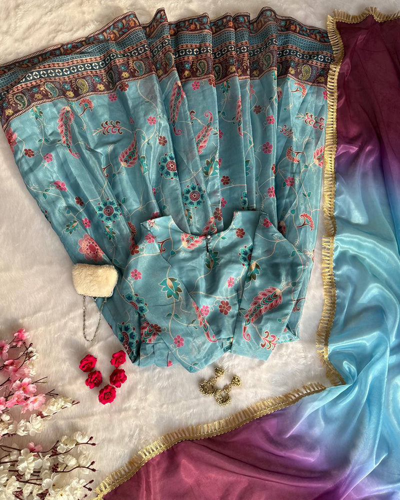 Sky Blue Color Digital Printed Soft Organza Gown