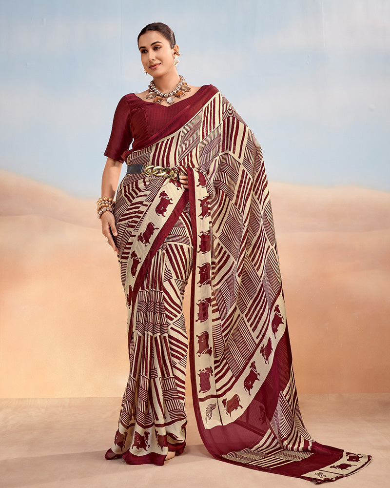 Maroon Color Satin Chiffon Printed Saree
