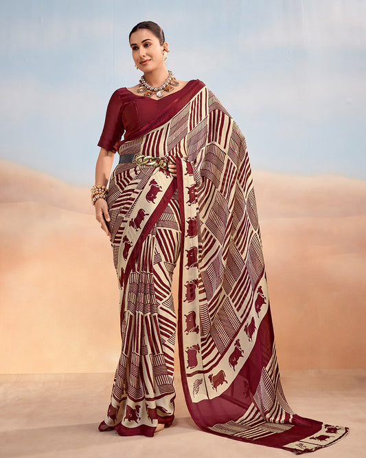 Maroon Color Satin Chiffon Printed Saree