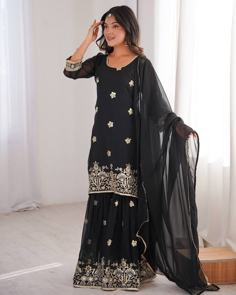 Black Color Soft Georgette Embroidered Sharara Suit