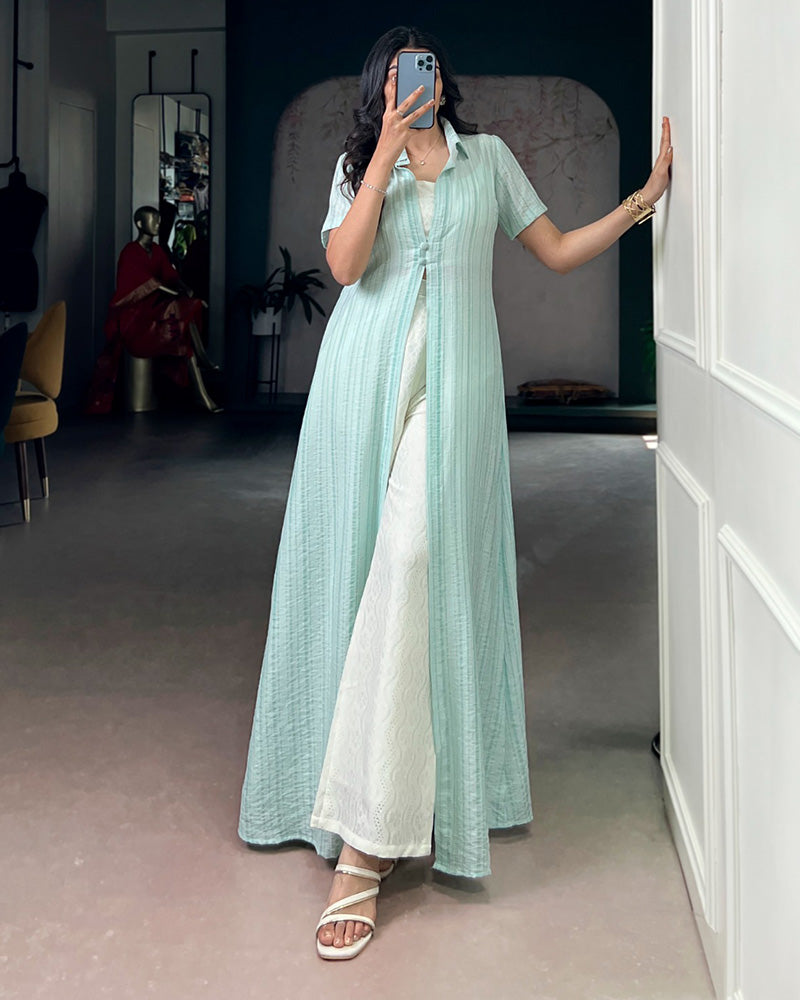 Sky Color Orchid Shrug With Plazzo Suit