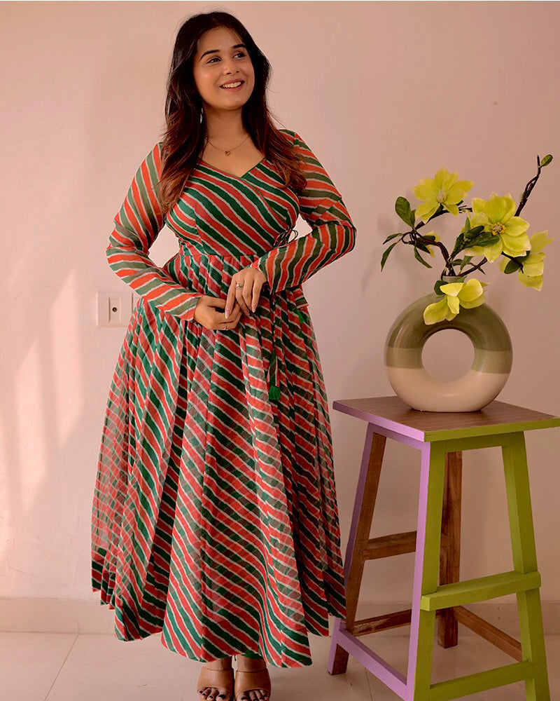 Green And Red Color Laheriya Print Tabby Organza Anarkali Suit