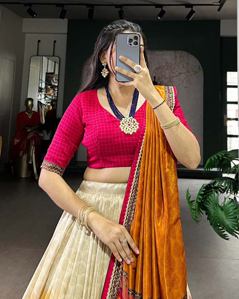 Red Color Tasar Silk Dye Printed Lehenga Choli