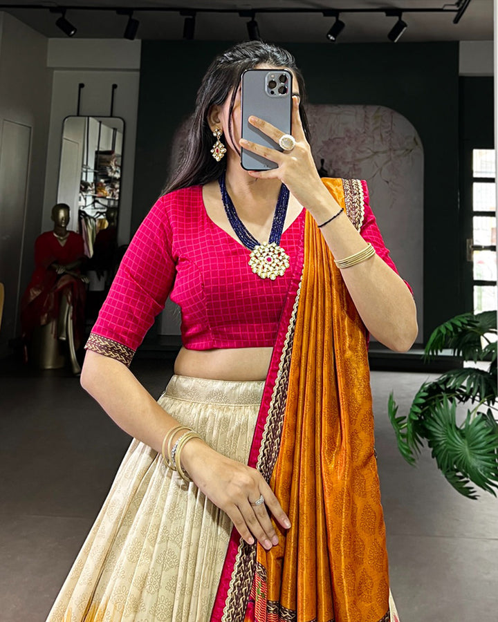 Red Color Tasar Silk Dye Printed Lehenga Choli