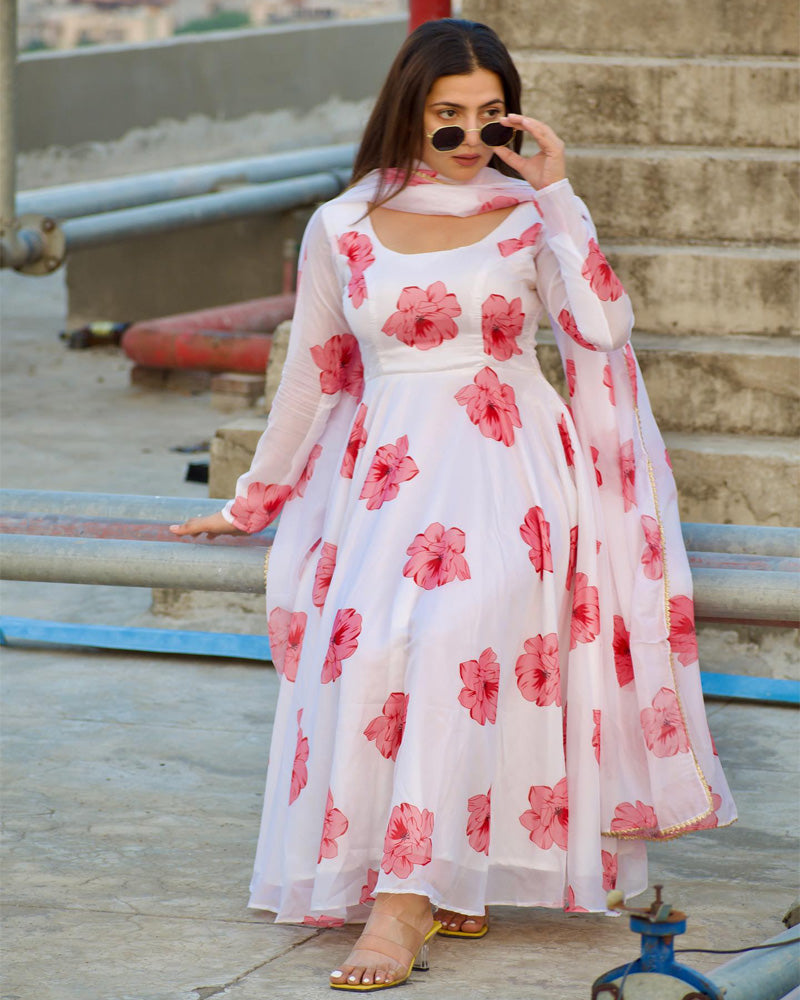 Sonia Verma White Rose Colour Three Piece Organza Tebby Anarkali Suit