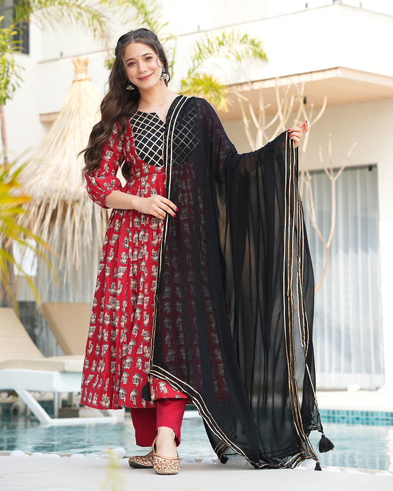 Red And Black Color Printed Pure Cotton Anarkali Suit