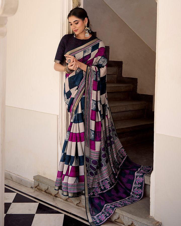 Navy Blue Color Polyester Chanderi Printed Saree