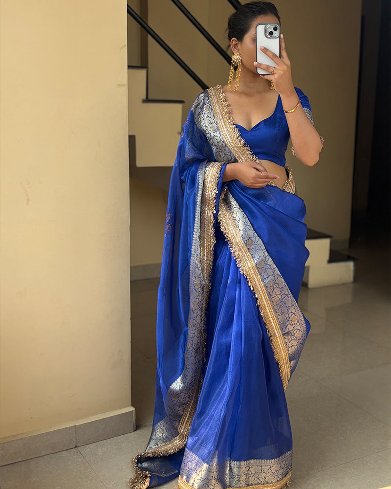 Blue Color Banarasi Tissue Silk Stone Work Saree