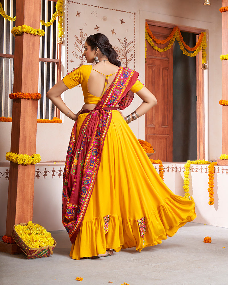 Yellow Color Viscose Rayon Thread And Mirror Work Fully Stitched Navratri Lehenga Choli