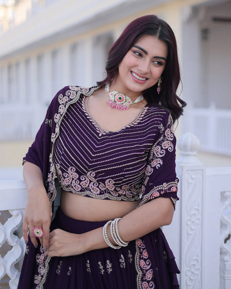 Royal Purple Color Blooming Embroidered Lehenga Choli