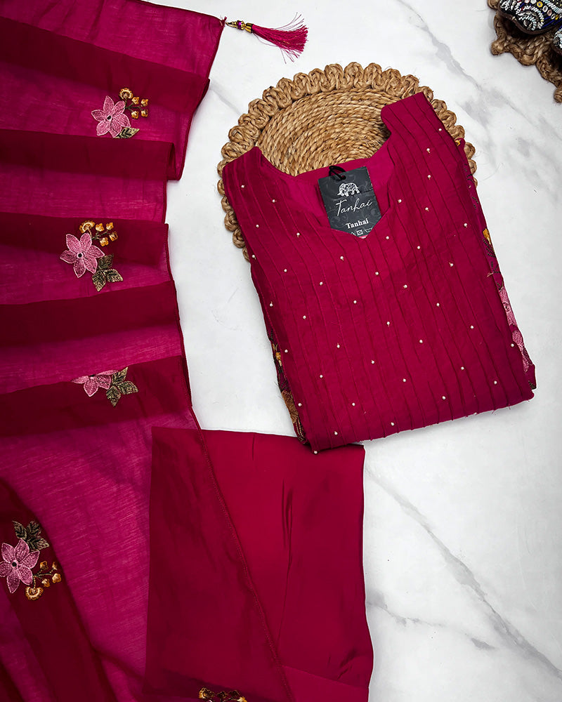 Rani Pink Color Roman Chanderi Silk Embroidered Plazzo Suit