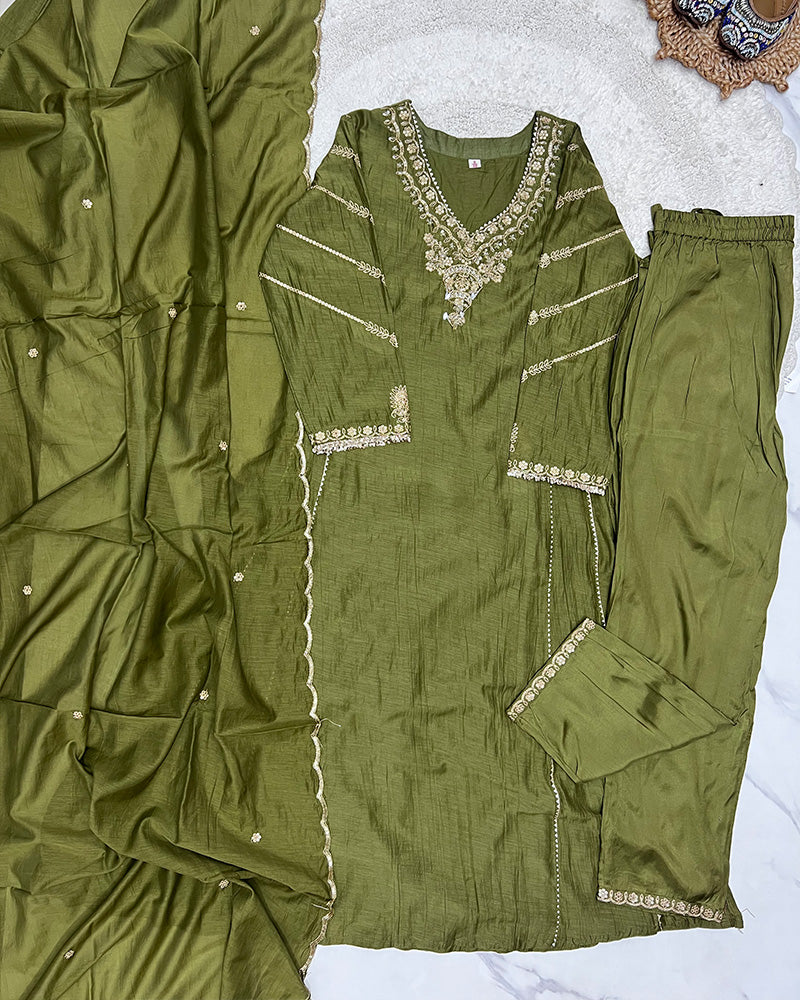 Mehndi Color Mal Cotton Three Piece Kurti Suit