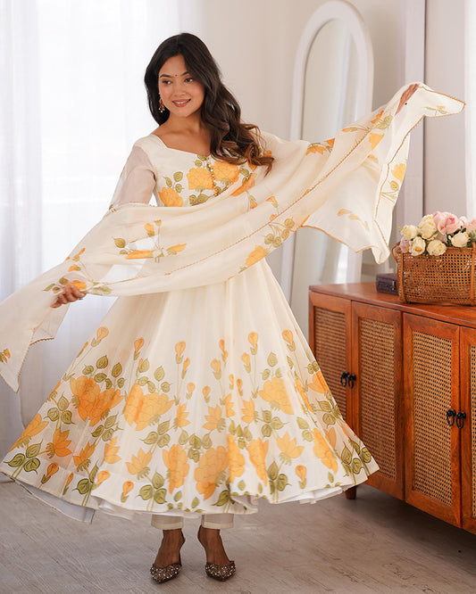 Creamish White Color Floral Print Organza Three Piece Anarkali Suit