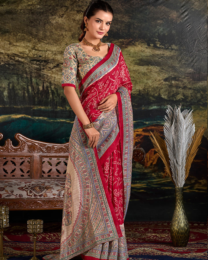 Maroon Color Green Silk Fusion Printed Saree
